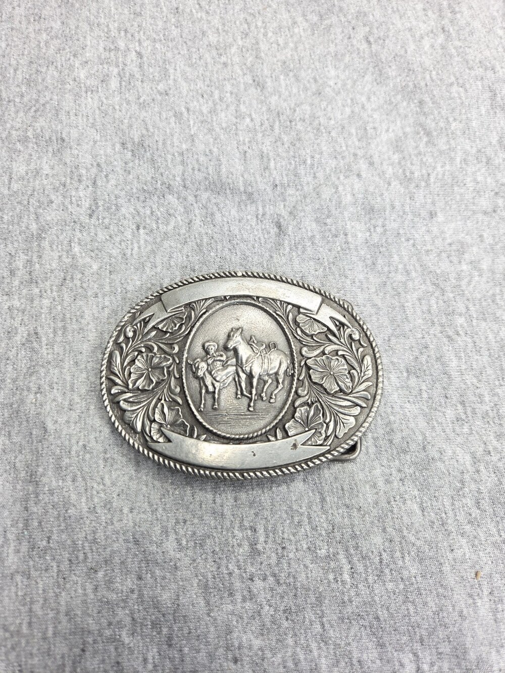 1974 LTC Western Cowboy Horse Belt Buckle Pewter Floral Scroll - Broken Hinge